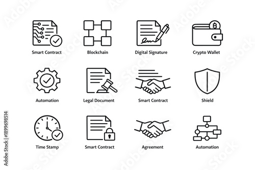 Blockchain technology icons: smart contracts, crypto wallets, automation, legal documents, shield