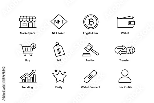 Marketplace icons representing nft, crypto, wallet, and e-commerce concepts