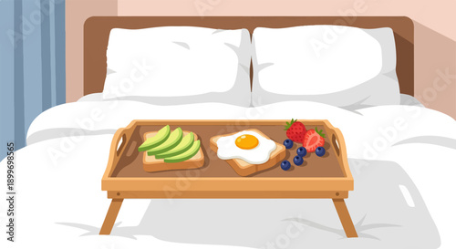 A cozy bed with a wooden tray holding a healthy breakfast