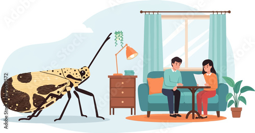 A large spotted insect looms over a living room where two people are seated