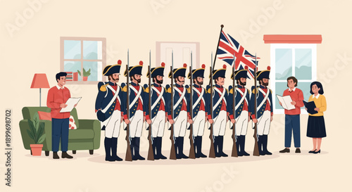 A group of people in historical costumes stand at attention with a flag