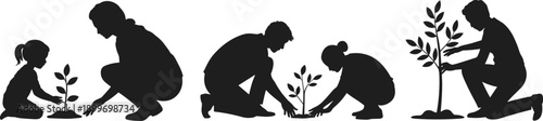 Family tree planting silhouettes showing parent and child gardening together isolated background for environment protection, sustainability education and growth concept