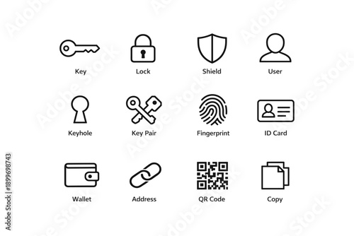 Black and white security icons set featuring key, lock, shield, and user symbols