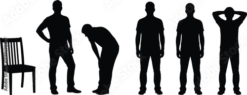 Man silhouette set showing standing tired stressed poses with wooden chair isolated black vector illustration for conceptual creative projects