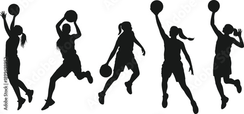 Female basketball player silhouette collection performing jump shot, dribbling and scoring actions isolated background for sports design and fitness concept