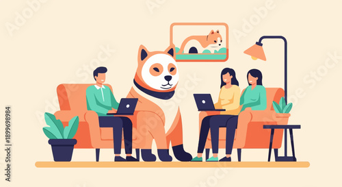 Animated people working on laptops near a large dog in a living room