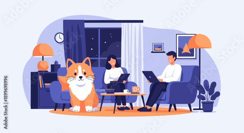 A cozy evening with a dog and two people working on laptops at home