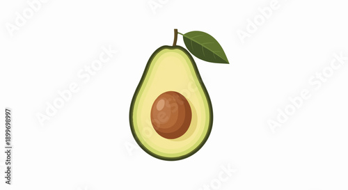 A halved avocado with a leaf and stem, set against a white background