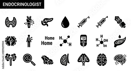 Endocrinology Icon Set Hormones, Diabetes, Thyroid, and Medical Concepts