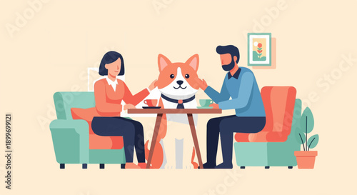 A cozy gathering couple enjoys coffee with their dog