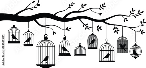 Black silhouette of birds in cages hanging from a tree branch vector illustration