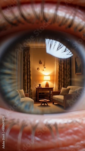 Surreal reflection of cozy room in human eye