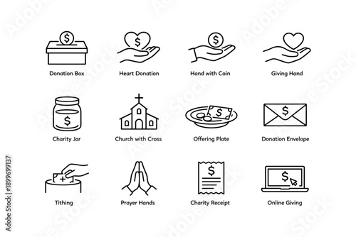 Charity and donation icons including box, heart, coin, church, envelope, and online giving