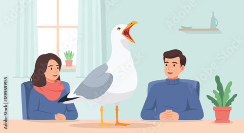 A seagull interrupts a couple dining at a table indoors