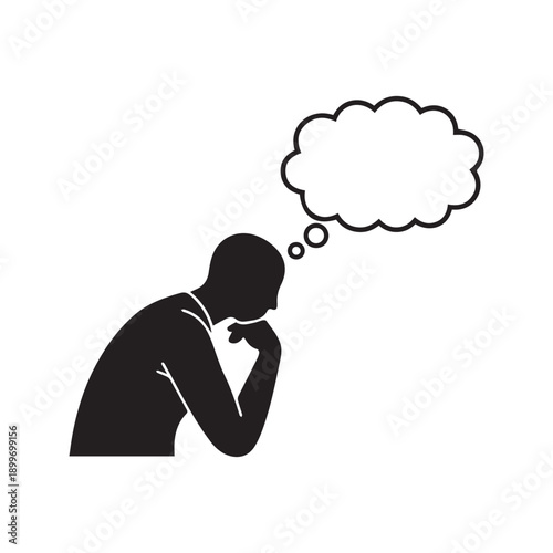 Stick figure person thinking with empty thought bubble silhouette icon
