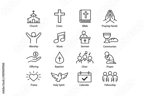 Set of christian symbols and icons including church, cross, bible, worship, and prayer