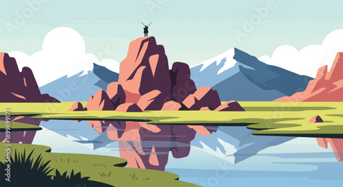 A person celebrates on a rocky peak above a tranquil lake reflecting mountains