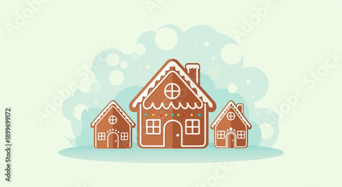 A cozy gingerbread village with festive decorations and a pastel background