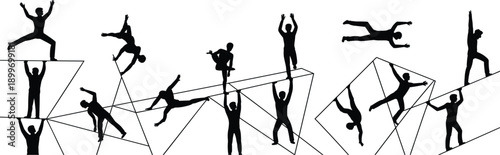Black Silhouettes of People Performing Gymnastics and Acrobatics On White Background Keywords: people, silhouette, gymnastics
