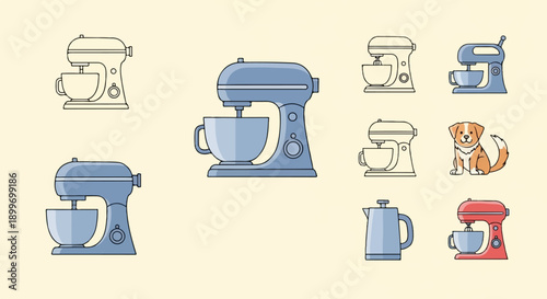 A collection of kitchen appliances and a cute dog