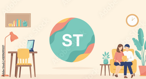 A cozy home scene featuring a couple reading, a desk with a laptop, and decorative elements