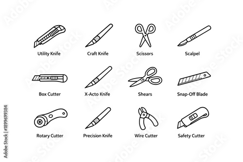 Various cutting tools including utility knives, scissors, and rotary cutters