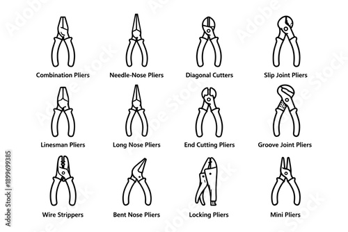 Illustration of twelve different types of pliers tools