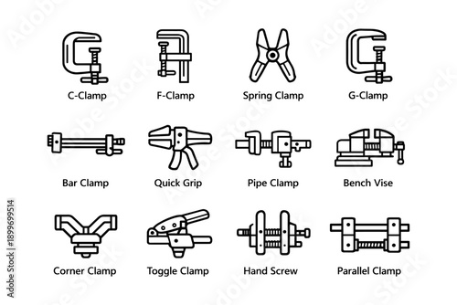 Variety of clamps and vises icons: c-clamp, f-clamp, spring clamp, g-clamp