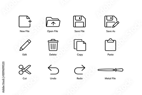Set of black and white file management icons on a white background
