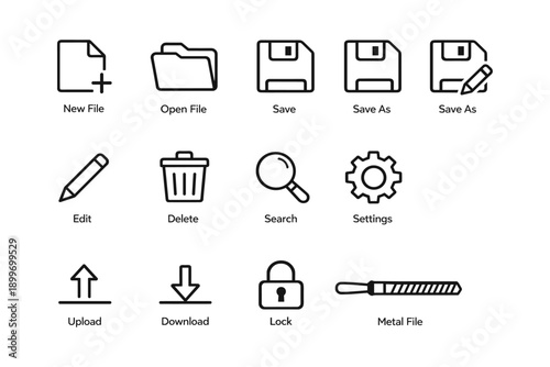 Set of black and white basic office icons for file management and editing