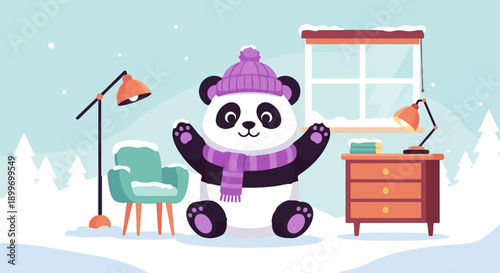 A cute panda wearing a hat and scarf sits indoors near a window