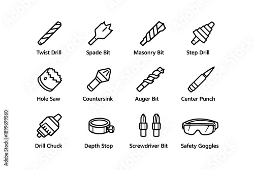 Collection of drill bits and safety goggles for various applications