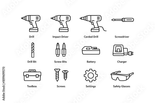 Icon set of power tools and accessories including drill, screwdriver, battery, toolbox