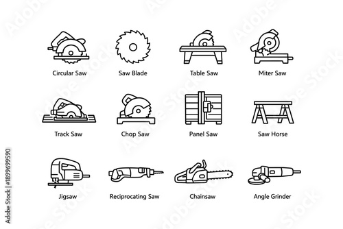 Set of various saw tools and equipment icons