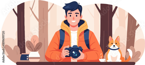 A person in an orange jacket holds a camera, accompanied by a cat