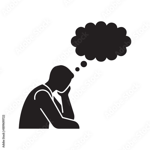 Stick figure person thinking with empty thought bubble silhouette icon
