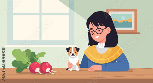 A person in glasses holds a dog near radishes by a window
