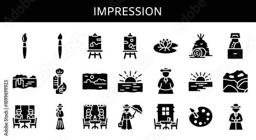 Impressionism Art Icons Set Easel, Paintbrush, Landscape, and Artist Illustration