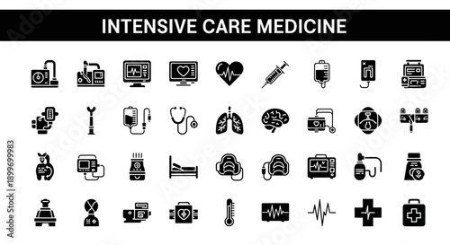 Intensive Care Medicine Icon Set – Medical Equipment and Healthcare Symbols