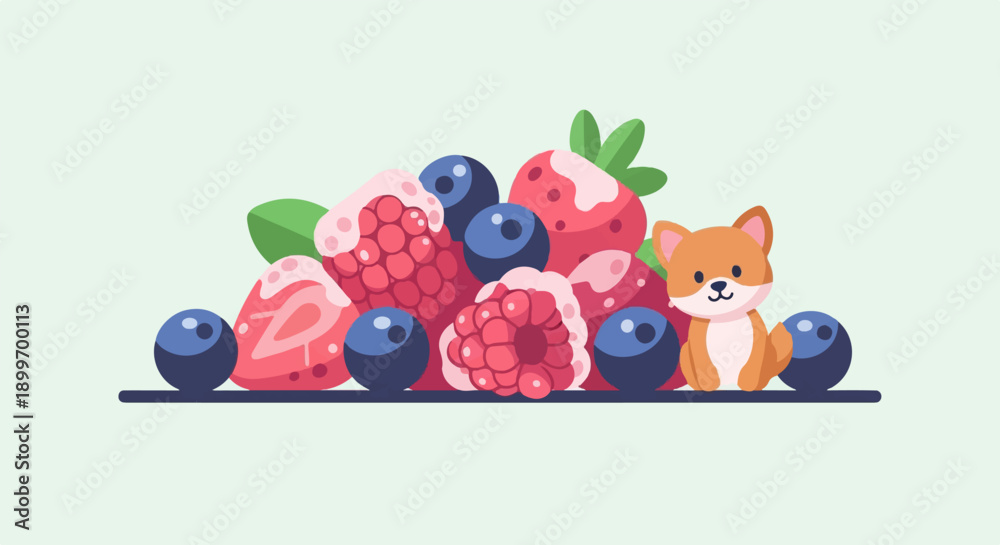 Obraz premium A cute, small dog sits beside a pile of fresh, colorful berries