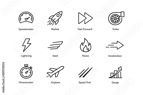 Set of 12 black and white line icons: speedometer, rocket, fast forward, turbo, lightning