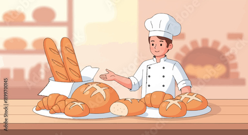 Cheerful baker presents a variety of fresh baked goods in a cozy shop