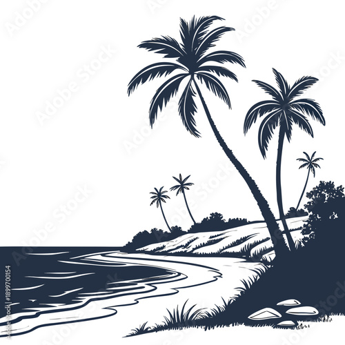 A serene tropical beach with palm trees and crystal clear waters