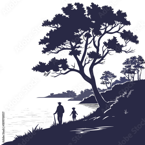 Silhouette of a person standing under a large tree on a hill overlooking the sea