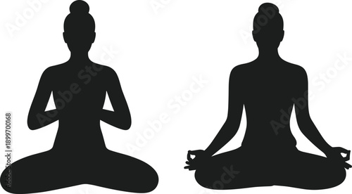 Meditation yoga silhouette illustration, female lotus pose mindfulness relaxation spiritual wellness concept, black isolated vector meditation practice artwork