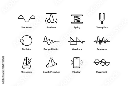 Scientific symbols of motion and sound: sine, pendulum, spring, tuning fork, and more