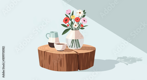 A rustic wooden stump displays a floral arrangement, a mug, and coffee