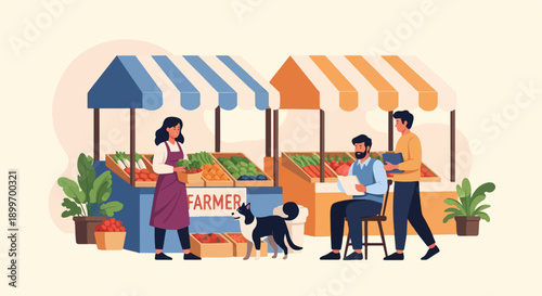 A lively outdoor market scene with fresh produce, vendors, customers, and a dog