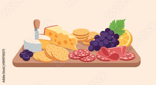 A colorful and appetizing arrangement of cheese, crackers, meats, and fruit