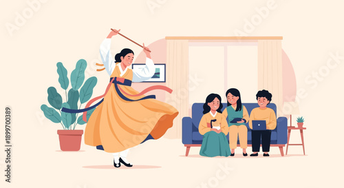 A dancer in traditional attire performs for a family using electronics